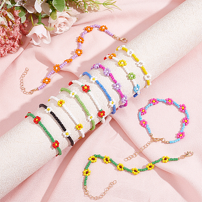 12Pcs 12 Style Glass Seed Braided Flower Stretch Bracelets Set BJEW-AN0001-14-1