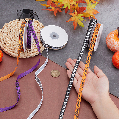 5 Rolls 5 Styles Halloween Theme Polyester Printed Grosgrain Ribbon OCOR-PH0004-42-1