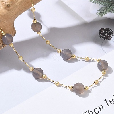 Natural Grey Agate Faceted Flat Round Beaded Chain Necklaces with Matte Brass Beads GG-CBA37F5-01G-12-1