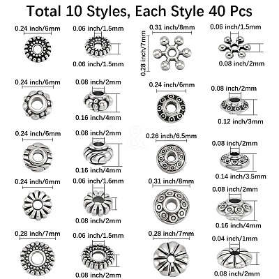 400Pcs 10 Styles Tibetan Style Alloy Spacer Beads TIBEB-PA0001-06-1