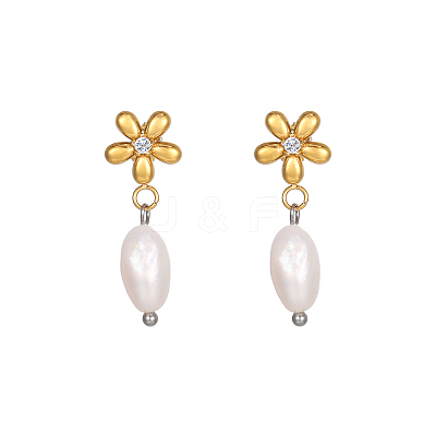 304 Stainless Steel Flower Earrings with Natural Pearls for Women GE0361-1-1