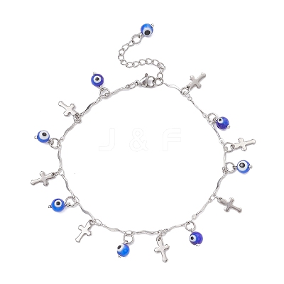 Handmade Evil Eye Lampwork & 304 Stainless Steel Cross Tassel Bar Link Chain Anklets for Women AJEW-AN00741-02-1