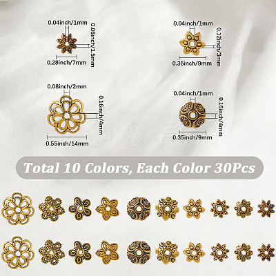 300Pcs 10 Styles Tibetan Style Alloy Bead Caps TIBE-SP0001-24-1