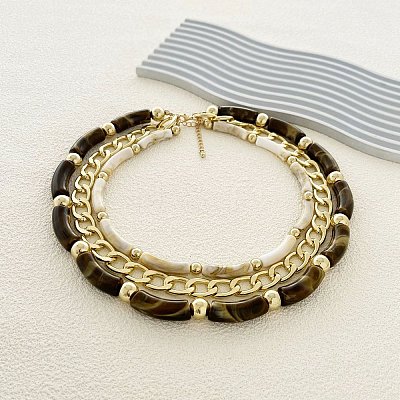 Resin Curved Tube & Plastic & Alloy Twisted Chain 3 Layer Necklaces NJEW-Q038-02G-1