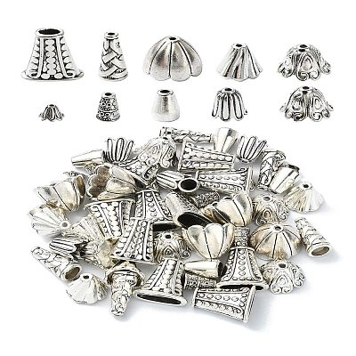 50Pcs 10 Styles Tibetan Style Bead Caps & Cone DIY-YW0008-48-1
