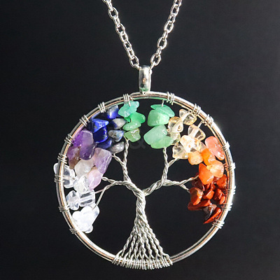 Natural Stone Chip Tree Of Life Chakra Pendant Necklaces FS-WG982AE-02-1