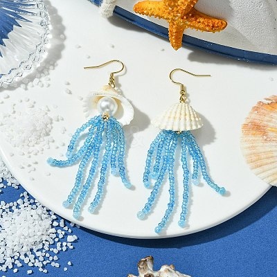 Natural Clam Shell Imitation Pearl Dangle Earrings EJEW-MZ00231-02-1