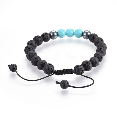 Natural Lava Rock and Non-Magnetic Synthetic Hematite Beads Braided Bead Bracelets BJEW-JB03975-03-1