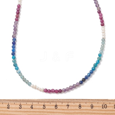 3MM Faceted Round Natural Apatite & Amethyst & Ruby & Kyanite & Natural Pearl Beaded Necklaces for Women NJEW-JN06277-1