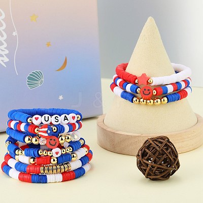 10Pcs Independence Day Theme Handmade Polymer Clay Beads Stretch Bracelets BJEW-SW01605-1