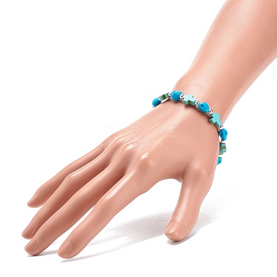 Synthetic Turquoise(Dyed) Cross & Skull Beaded Stretch Bracelet BJEW-JB08451-04-1