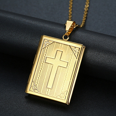 Stainless Steel Rectangle with Cross Pendant Necklace PW-WG74230-02-1