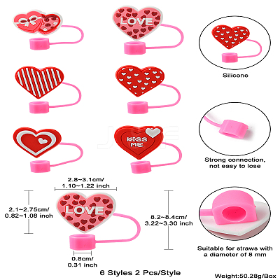 12Pcs 6 Styles Valentine's Day Theme PVC & Silicone Dustproof Straw Cap AJEW-CJ0001-26-1