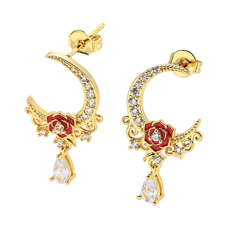 Moon & Rose Brass Micro Pave Cubic Zirconia Dangle Stud Earrings EJEW-P240-18G-1
