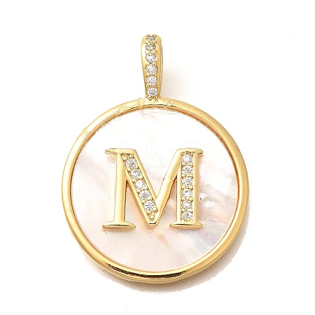 Rack Plating Brass Micro Pave Clear Cubic Zirconia Pendants with Shell KK-M309-42G-M-1