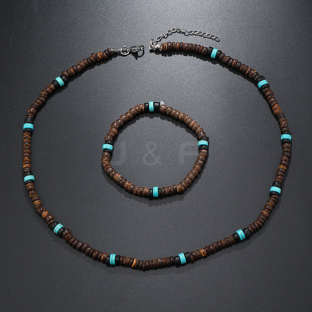 Bohemian Style Coconut Shell with Synthetic Turquoise Rondelle Beaded Necklaces & Bracelets Sets FS-WG8D889-05-1