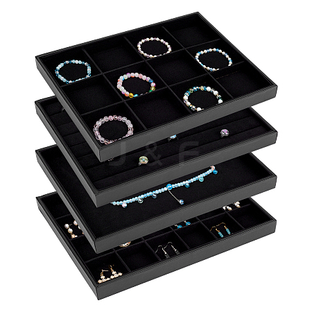 4Pcs 4 Styles Wood Covered with PU Leather Jewelry Display Trays for Earrings Rings Bracelets Necklaces ODIS-FG0002-12-1