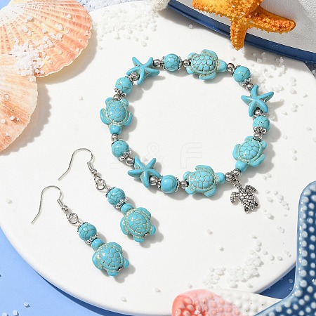 Starfish & Tortoise Synthetic Turquoise Beaded Stretch Bracelets & Dangle Earrings Kits SJEW-JS01311-02-1