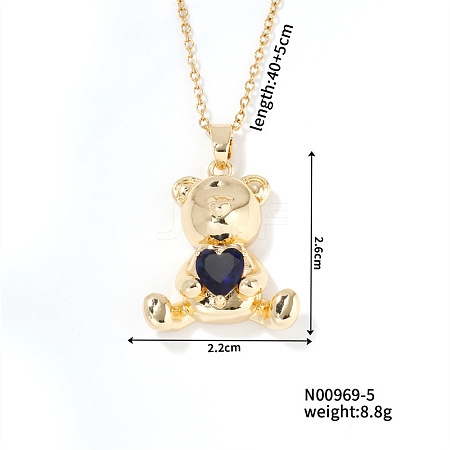 Cute Bear Heart Brass Capri Blue Rhinestone Pendant Necklaces for Women BF5088-5-1