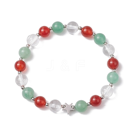 8mm Round Natural Green Aventurine & Carnelian & Quartz Crystal Beaded Stretch Bracelets BJEW-TA00521-1