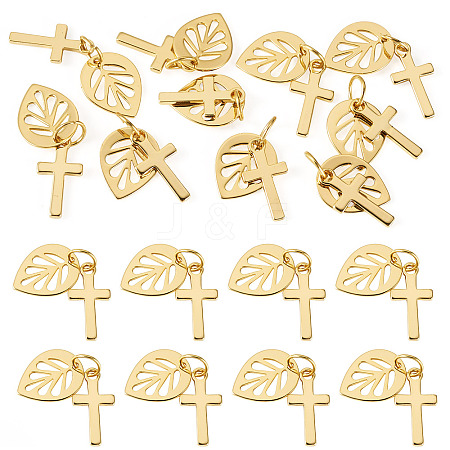 10Pcs Cross with Leaf Brass Pendants PALLOY-TAC0273-1