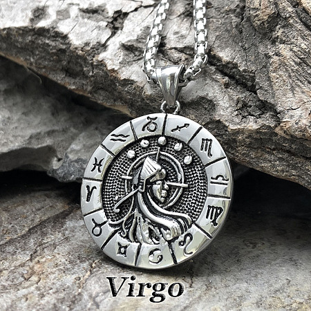 Flat Round with Engraved Twelve Constellation Alloy Pendant Necklace for Women Men WG25F4B-05-1