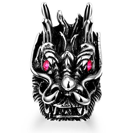 Dragon Head 316L Surgical Stainless Steel Czech Rhinestone Wide Band Rings for Men RJEW-BB01166-10-1