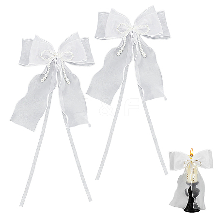 Bowknot Polyester Gauze with Plastic Pearl Curtain Holdback AJEW-WH0314-541-1