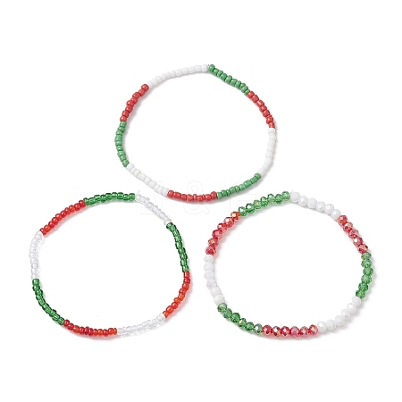3Pcs 3 Styles Christmas Glass Seed Beaded Stretch Bracelet Sets BJEW-JB10472-1