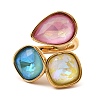 Teardrop & Square Glass Open Cuff Rings RJEW-G289-01G-08-2