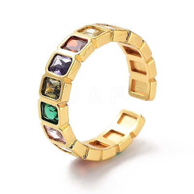 Rectangle Brass Micro Pave Cubic Zirconia Open Cuff Ring for Women RJEW-Z044-04G-01-1