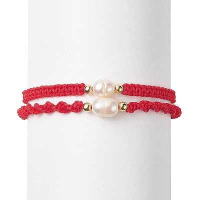 2Pcs 2 Style Natural Pearl Braided Bead Bracelets Set with Nylon Cord for Women BJEW-JB09141-01-1