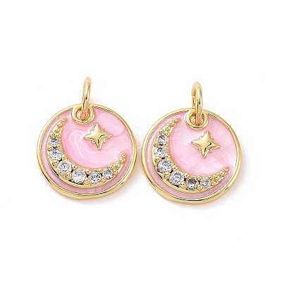 Flat Round with Moon & Star Brass Micro Pave Clear Cubic Zirconia Charms KK-G435-41G-1