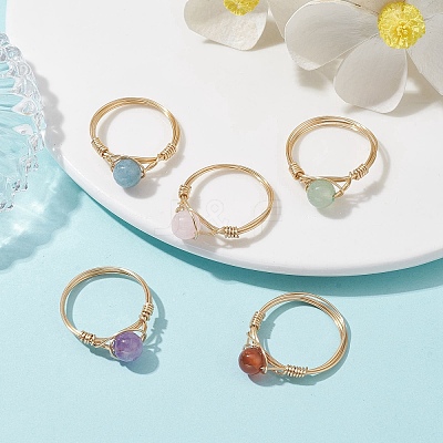 Natural Mixed Gemstone Round Braided Bead Style Finger Rings RJEW-JR00607-1