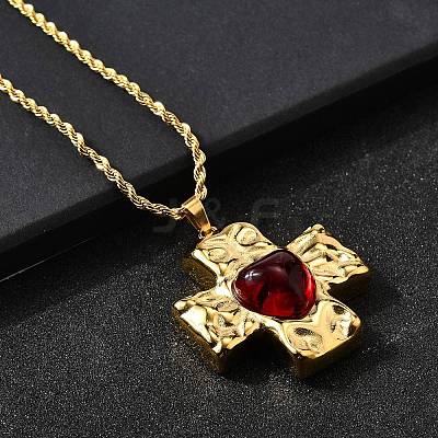 Cross with Heart 304 Stainless Steel Cubic Zirconia Pendant Necklaces NJEW-H070-01G-01-1