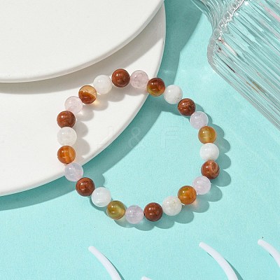 Natural Carnelian & Rose Quartz & Carnelian & Rainbow Moonstone Round Beaded Stretch Bracelets BJEW-JB10910-02-1