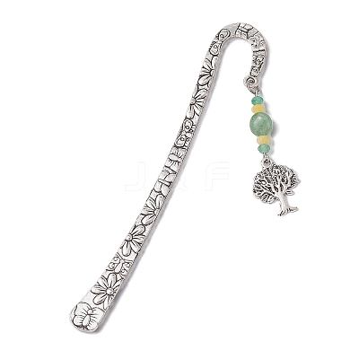 Natural Malaysia Jade & Green Aventurine Beaded Pendant Bookmarks with Alloy Tree of Life AJEW-JK00255-1