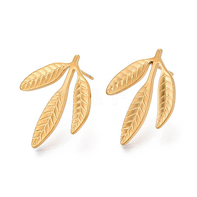 Ion Plating(IP) 304 Stainless Steel Leaf Stud Earrings for Women EJEW-F300-11G-1
