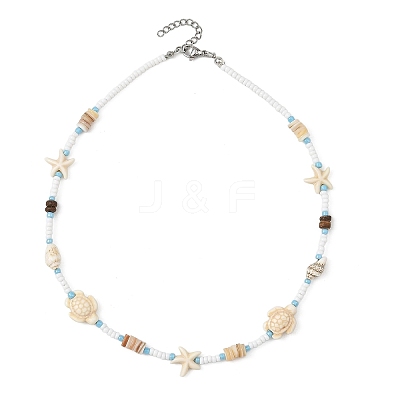 Summer Beach Dyed Synthetic Turquoise Starfish Turtle & Natural Shell & Glass Seed Beaded Necklaces for Women NJEW-JN06503-1