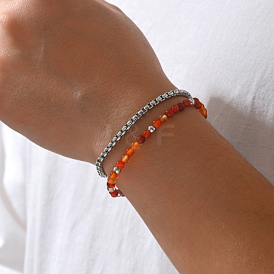 Natural Carnelian Round Beaded 2-Strand Bracelets with 201 Stainless Steel Box Chains for Men Women EI8345-2-1