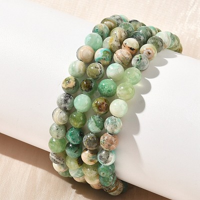 Natural Green Line Jasper Round Beaded Stretch Bracelets for Women BJEW-F535-02A-1