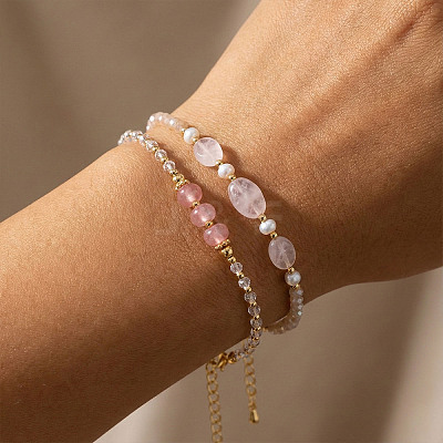2Pcs Natural Rose Quartz & Glass & Imitation Pearl & Brass Beaded Bracelets for Women JV0360-4-1