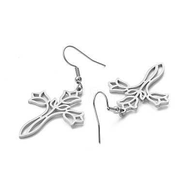 Tarnish Resistant 304 Stainless Steel Hollow Out Cross with Flower Dangle Earrings for Women EJEW-P222-02P-1