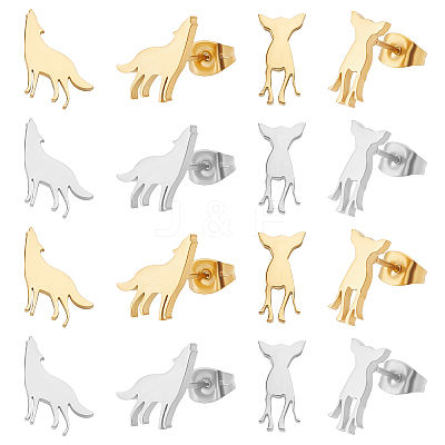 16 Pairs 4 Style Deer & Wolf 304 Stainless Steel Stud Earrings for Women EJEW-DC0001-20-1