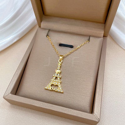 Brass Micro Pave Clear Cubic Zirconia Eiffel Tower Love Pendant Necklaces FS-WG3E8D3-01-1