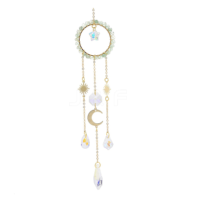 Natural Green Aventurine Woven Net/Web with Feather Window Hanging Suncatchers HJEW-JM00852-02-1