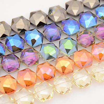Hexagon Electroplate Full Rainbow Plated Glass Beads Strands EGLA-P015-M-1