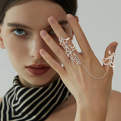 2Pcs 2 Colors Crystal Rhinestone Flower Full Finger Ring Hand Chain RJEW-AN0001-03-1