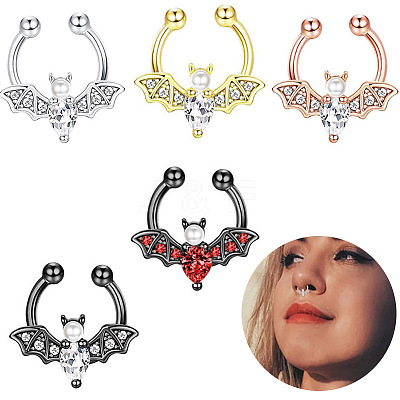 316L Stainless Steel Clear Cubic Zirconia Halloween Bat Clip-on Nose Septum Rings WG4B0C3-01-1