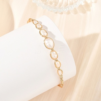 Natural Cultured Freshwater Pearl Rice Graduated Beaded Wire Wrapped Brass Cuff Bangles for Women BJEW-JB14302-1